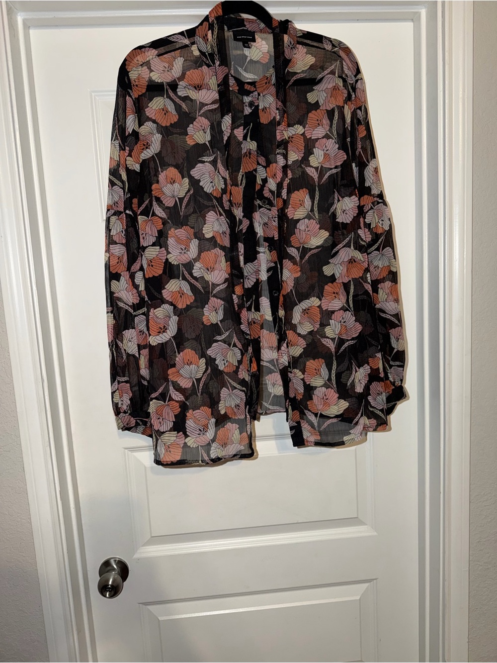 Who What Wear Black Sheer Blouse with Pink & Peach Floral